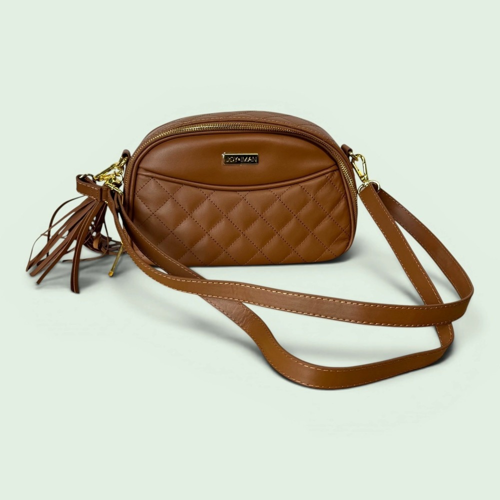 Joy & Iman Cognac Brown Quilted Leather Crossbody Bag with Tassel Gold Hardware